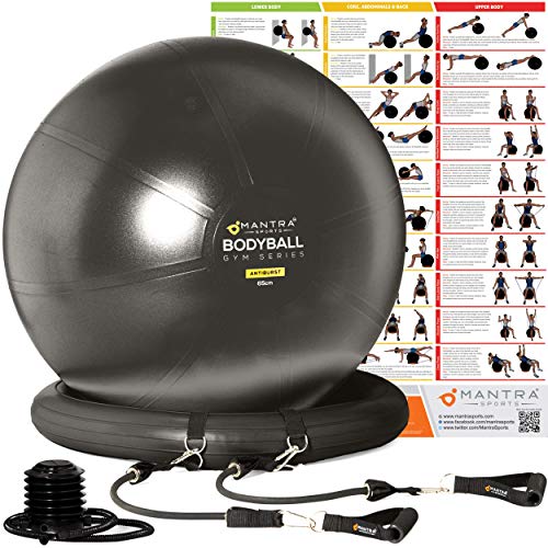 Pelota de Pilates | Balón de Ejercicio | Bola de Embarazada, Yoga, Fitness y Gimnasio - 55cm / 65cm / 75cm Anti Explosión Fitball Silla Equilibrio con Base, Gomas de Resistencia, Guia Fitness y Bomba