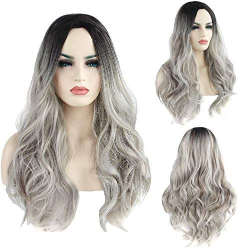 Pelucas de onda gris plateado para mujer con raíces oscuras, largas onduladas, resistentes al calor, para uso diario, fiestas, Halloween, aspecto natural (gris oscuro degradado)