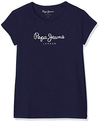 Pepe Jeans Hana Glitter S/S Camiseta, Azul (Navy 595), 8 años (Talla del Fabricante: 8) para Niñas