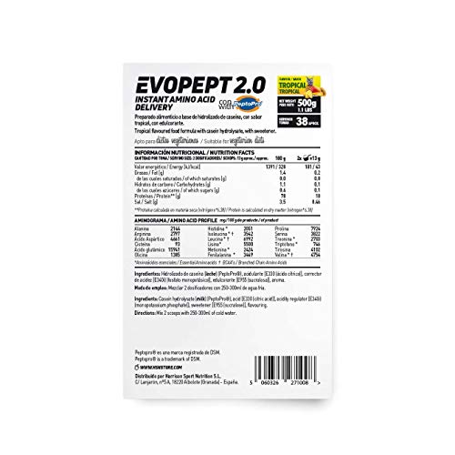 PeptoPro de HSN Evopept 2.0 | Hidrolizado de Proteína de Caseína en Polvo, Ultra Rápida Absorción, Máximo Rendimiento Deportivo y Recuperación | Vegetariano, Sin Gluten, Sabor Tropical, 500 gr