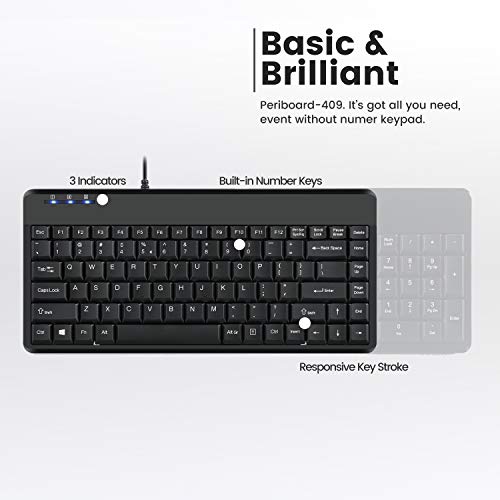 Perixx PERIBOARD-409 Mini Teclado Inglés (US QWERTY) - USB - Color Piano Negro - Dimensión 315x147x20mm