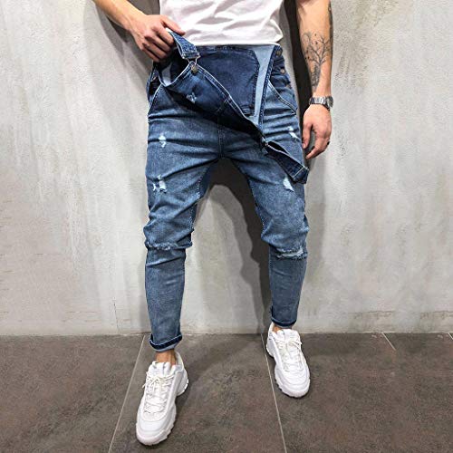 Peto Corte Ajuste Holgado Pantalón Chandal Hombre Mono Vaquero Mezclilla Jumpsuit Casual Pantalones con Agujeros Suelto para Hombre Roto con Peto Tirante con Botones y Bolsillos (M, Azul#0128)