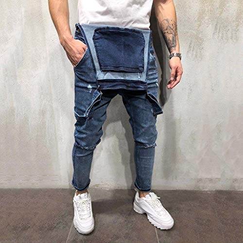 Peto Corte Ajuste Holgado Pantalón Chandal Hombre Mono Vaquero Mezclilla Jumpsuit Casual Pantalones con Agujeros Suelto para Hombre Roto con Peto Tirante con Botones y Bolsillos (M, Azul#0128)