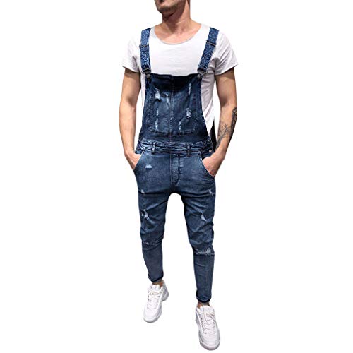 Peto Corte Ajuste Holgado Pantalón Chandal Hombre Mono Vaquero Mezclilla Jumpsuit Casual Pantalones con Agujeros Suelto para Hombre Roto con Peto Tirante con Botones y Bolsillos (M, Azul#0128)