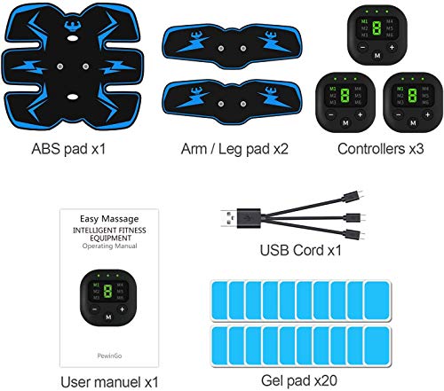 PewinGo Estimulador Muscular, Abs Trainer Estimulador Muscular EMS Recargable con 20 Almohadillas de Gel