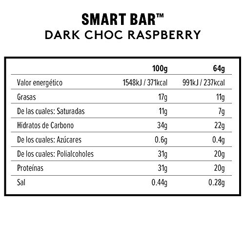 PhD Smart Bar Barritas Proteína Frambuesa con chocolate negro (12 x 64g), 31% Proteína