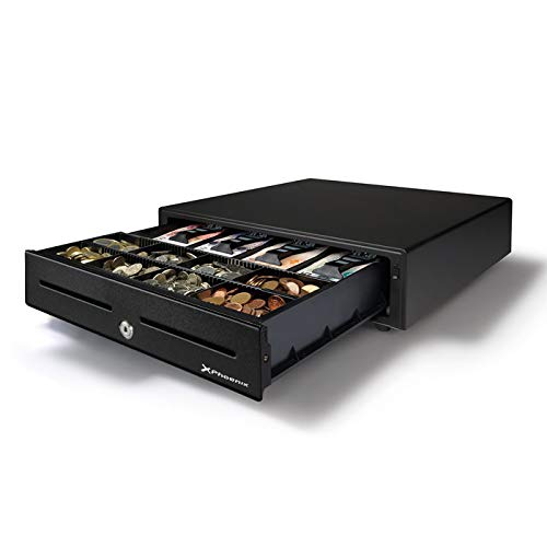Phoenix Technologies - Cajón portamonedas manual para dinero en efectivo con cerradura y botón de apertura 4 compartimentos de billetes y 8 de monedas 41x42cm (Negro)