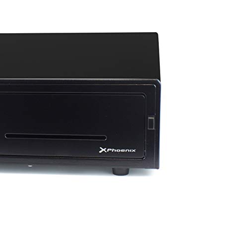 Phoenix Technologies - Cajón portamonedas manual para dinero en efectivo con cerradura y botón de apertura 4 compartimentos de billetes y 8 de monedas 41x42cm (Negro)