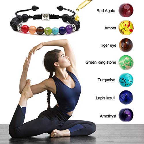 PHOGARY Pulsera de Cuentas de Lava, Pulsera Elástico Piedra Natural Cuentas de Yoga Pulsera Brazalet Chakra Piedra Natural | Sanación Reiki Yoga