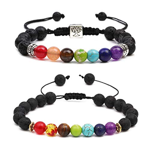 PHOGARY Pulsera de Cuentas de Lava, Pulsera Elástico Piedra Natural Cuentas de Yoga Pulsera Brazalet Chakra Piedra Natural | Sanación Reiki Yoga