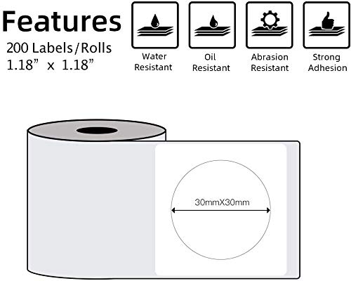 Phomemo etiqueta térmica, para impresora de etiquetas Phomemo M110 / M200,etiqueta redonda autoadhesiva multiusos,30x30mm (1.18''x1.18''), etiqueta de bricolaje,200 etiquetas/rollo,etiqueta redonda