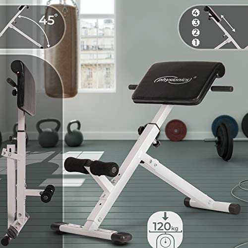 Physionics Banco Romano - para el Entrenamiento de Espalda, Abdominales y Glúteos, Plegable & Ajustable (4 Niveles), Máx. 120kg - Extensión de Tronco en Banco, Hiperextensiones Physionics Banco Romano - para el Entrenamiento de Espalda, Abdominales y Glúteos, Plegable & Ajustable (4 Niveles), Máx. 120kg - Extensión de Tronco en Banco, Hiperextensiones