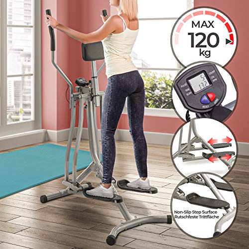 Physionics Bicicleta Elíptica - con Pantalla LCD, Pulsómetro y Soporte Abdominal, de Acero - Cross-Trainer, Máquina de Correr, Air Walker, Caminador, Stepper