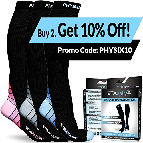 Physix Gear Sport Calcetines de compresión, los Mejores Calcetines compresión Mujer y Hombre para el Dolor de pies y Gemelos, Medias de compresión Hombre y Mujer, 1 par, S/M, Negro/Azul