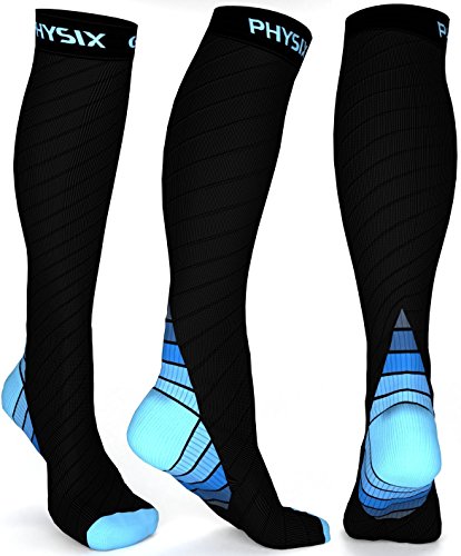 Physix Gear Sport Calcetines de compresión, los Mejores Calcetines compresión Mujer y Hombre para el Dolor de pies y Gemelos, Medias de compresión Hombre y Mujer, 1 par, S/M, Negro/Azul