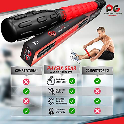 Physix Gear Sport Rodillo Masaje Muscular para Nudos y Puntos gatillo, el Mejor Rodillo masajeador Espalda, piernas y Gemelos, rulo Masaje Muscular para liberación miofascial y rehabilitación, Rojo