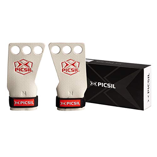 PicSil Calleras Azor para Cross Training 3 Agujeros Agarre y Protector de Mano o Guantes para Gimnasia Unisex para Hombres y Mujeres en Deportes de Fitness Calistenia Halterofilia (Talla M, Blanco)