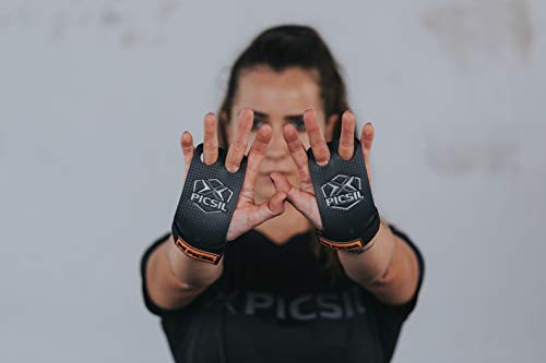 PICSIL Calleras RX Carbon para Cross Training 2 Agujeros Agarre y Protector de Mano o Guantes para Gimnasia Unisex para Hombres y Mujeres en Deportes Calistenia Halterofilia (Talla L, Naranja)