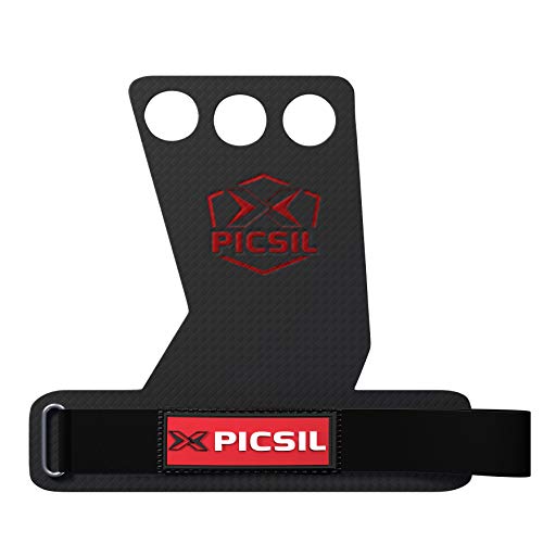 PICSIL Calleras RX Carbon para Cross Training 3 Agujeros Agarre y Protector de Mano o Guantes para Gimnasia Unisex para Hombres y Mujeres en Deportes de Fitness Calistenia Halterofilia (S, Rojo)