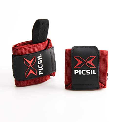 PICSIL Muñequeras Deportivas Unisex para Hombre y Mujer Vendas de Algodón 18” para Gimnasio Box Uso en Actividades Fitness Weightlifting Deadlifting Calistenia Halterofilia y Musculación (Rojo)