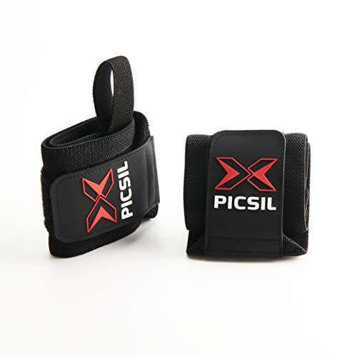 PICSIL Muñequeras Deportivas Unisex para Hombre y Mujer Vendas de Algodón 18” para Gimnasio Box Uso en Actividades Fitness Weightlifting Deadlifting Calistenia Halterofilia y Musculación (Negro)