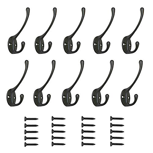 PietyPet 10 ganchos de doble punta para colgar abrigo, colgar en la pared con tornillos para abrigo, bufanda, bolsa, toalla, llave, gorra, taza, sombrero (negro)