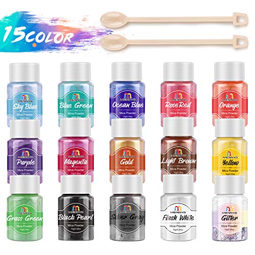 Pigmento para Resina Epoxi, Colorante Jabones 10g * 15 Colores - MENNYO Mica en Polvos Metálico Natural para Kit Hacer Velas, Fabrica Slime, Pintura, Sombra de Ojos, Maquillaje, Esmalte de Uñas