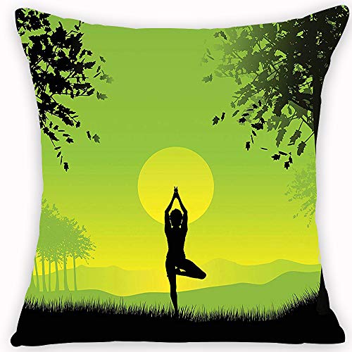 Pillow Case Cojín Cuadrado Print,Yoga, Meditando Señora bajo el cielo del atardecer en The Forest Serenity Balance Soul Nature Adecuado para Oficina, Familia, automóvil, cafetería, Tienda, 45x45cm