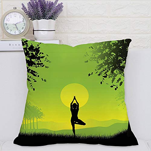 Pillow Case Cojín Cuadrado Print,Yoga, Meditando Señora bajo el cielo del atardecer en The Forest Serenity Balance Soul Nature Adecuado para Oficina, Familia, automóvil, cafetería, Tienda, 45x45cm