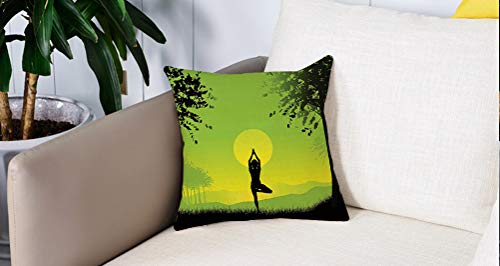 Pillow Case Cojín Cuadrado Print,Yoga, Meditando Señora bajo el cielo del atardecer en The Forest Serenity Balance Soul Nature Adecuado para Oficina, Familia, automóvil, cafetería, Tienda, 45x45cm