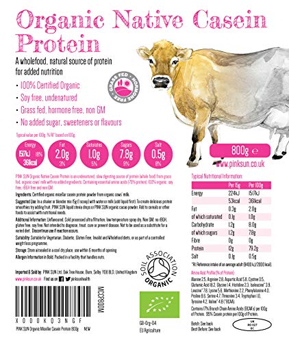 PINK SUN Caseina Micelar Organica 800g Bio Proteína en Polvo Natural Puro Sin Aditivos Sin Sabor Sin Azúcar Añadido Sin Gluten Sin OGM Vegetariano