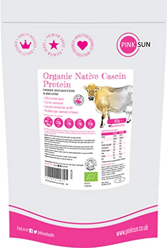 PINK SUN Caseina Micelar Organica 800g Bio Proteína en Polvo Natural Puro Sin Aditivos Sin Sabor Sin Azúcar Añadido Sin Gluten Sin OGM Vegetariano