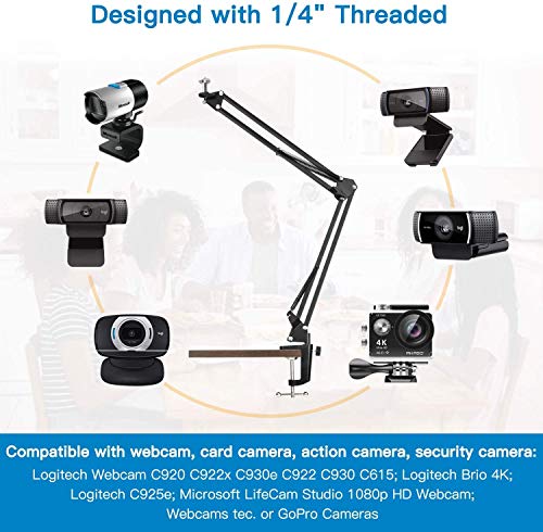 Pipishell tripode webcam-Soporte duradero de tijera de suspensión de 14 pulgadas con soporte de abrazadera de escritorio de aluminio - Tornillo incorporado de 1/4 "para C930e, C930, C920, C922x, C922