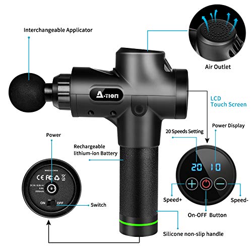 Pistola de Masaje Muscular, ACTION Masajeador Electrónica de Tejido Profundo de 14 mm con 20 Niveles Ajustables, 3300 RPM, Ultra Silencioso, Relajación Fatiga y Relaja Los Músculos