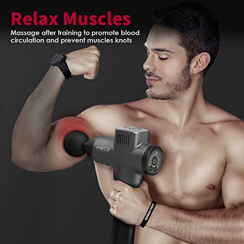 Pistola de Masaje Muscular, MECO Masajeador Profesional de Músculos de Tejido Profundo con 6 Niveles Ajustables 5 Cabezales de Masaje, 3200 RPM, Ultra Silencioso para Relajación Fatiga, Gimnasio-Negro