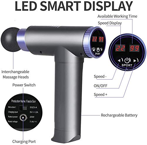 Pistola de Masaje, Pistola Masajeadora Muscular de Percusión Ultra Silencioso con 22 Niveles Ajustables Masajeadora 8 Cabezales de Masaje y Pantalla LCD para Relajación Recuperación Fatiga