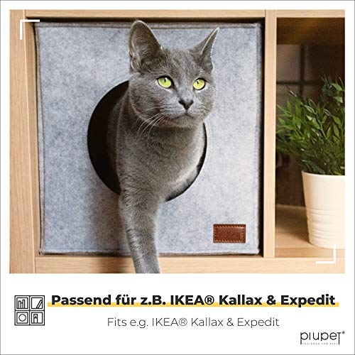 PiuPet® Cama de Gato Incl. cojín, Casa de Gato Adecuada para IKEA® Kallax & Expedit | Cueva Comoda en Gris, óptica de Fieltro, Diseño Elegante y Moderno