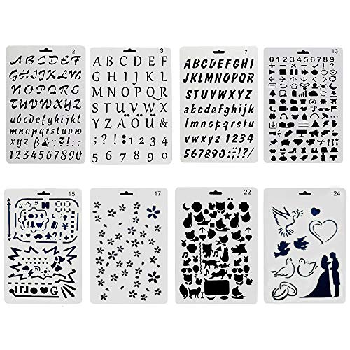 Plantillas de letras para pintar,juego de 8 plantillas de letras y figuras impresas para álbumes de recortes, pintura, dibujo, manualidades, flexibles, reutilizables