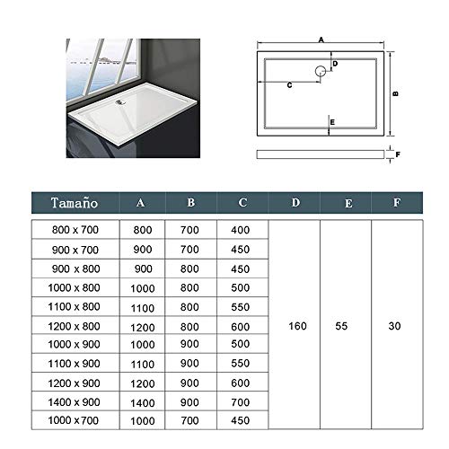 Plato de Ducha 30mm Cuadrado Rectangular para Mamparas de Baño 100x80x3cm