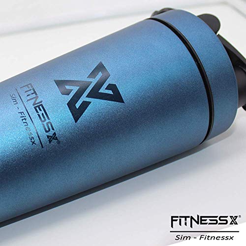 PLC020 Coctelera de proteínas de acero inoxidable de 700 ml, para deporte, fitness, proteínas, batidor de proteínas, vaso con bola (doble pared azul)