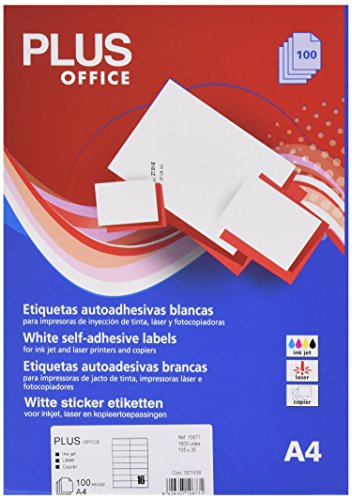 Plus Office 10677 - Etiquetas autoadhesivas de cantos rectos, 1600 eti/caja, 105 x 35 mm, blanco Plus Office 10677 - Etiquetas autoadhesivas de cantos rectos, 1600 eti/caja, 105 x 35 mm, blanco