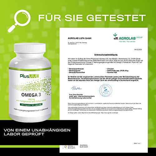 Plusvive - 365 cápsulas de omega 3 con recubrimiento de gelatina de pescado (1000 mg)