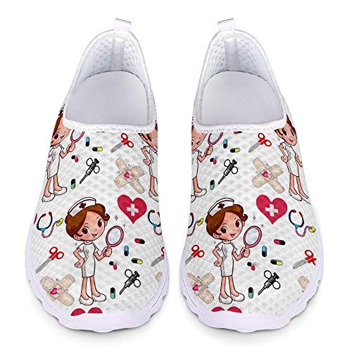 POLERO Zapatillas sin Cordones con Estampado de Enfermera para Mujer Zapatillas de Caminar Planas de Malla Transpirable Casual Zapatos de Trabajo livianos Senderismo Trotar, Blanco, Talla 39