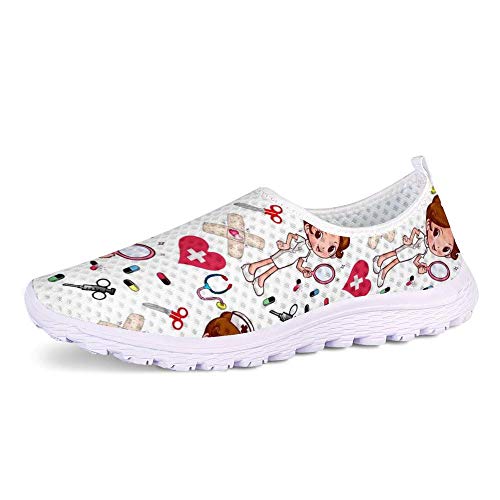 POLERO Zapatillas sin Cordones con Estampado de Enfermera para Mujer Zapatillas de Caminar Planas de Malla Transpirable Casual Zapatos de Trabajo livianos Senderismo Trotar, Blanco, Talla 39 POLERO Zapatillas sin Cordones con Estampado de Enfermera para Mujer Zapatillas de Caminar Planas de Malla Transpirable Casual Zapatos de Trabajo livianos Senderismo Trotar, Blanco, Talla 39