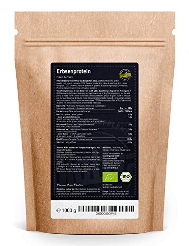 Polvo de guisante orgánico 1 kg - contenido de proteína del 83% - 100% aislado de proteína de guisante - libre de gluten, soja y lactosa