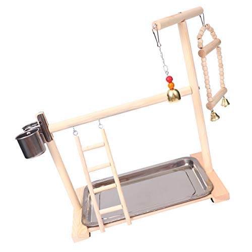 POPETPOP Mesa de Juegos de Loros Soporte de Juegos de Aves Columpio Loro Parque Infantil Percha de Madera Gimnasio Parque Infantil Escalera con Cuenco de Alimentación Jaula de Pájaros