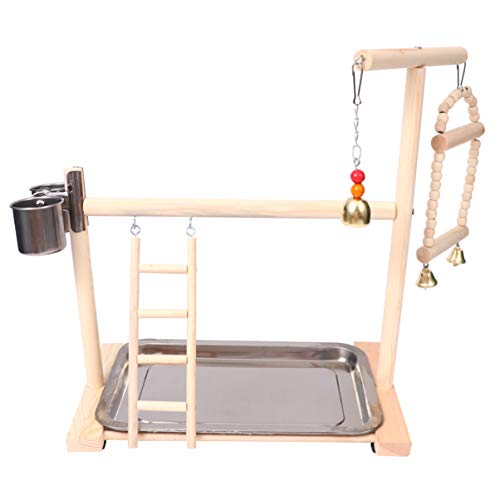 POPETPOP Mesa de Juegos de Loros Soporte de Juegos de Aves Columpio Loro Parque Infantil Percha de Madera Gimnasio Parque Infantil Escalera con Cuenco de Alimentación Jaula de Pájaros