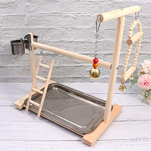 POPETPOP Mesa de Juegos de Loros Soporte de Juegos de Aves Columpio Loro Parque Infantil Percha de Madera Gimnasio Parque Infantil Escalera con Cuenco de Alimentación Jaula de Pájaros