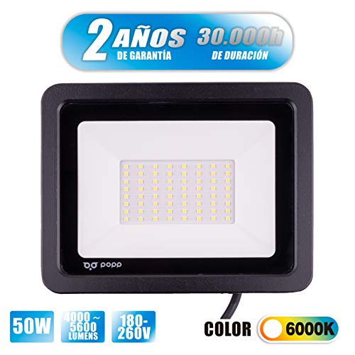 POPP® Foco Proyector LED 50W para uso Exterior Iluminación Decoración 6000K luz fria Impermeable IP65 Negro y Resistente al agua. (50)