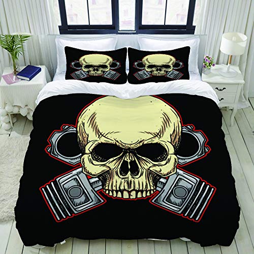 Popsastaresa Bedding Juego de Funda de Edredón,Insignia del Club de Motos clásicas de Biker Skull,Funda de Nórdico y 2 Fundas de Almohada King